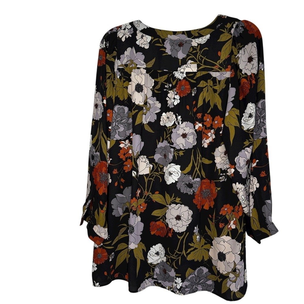 Loft Black‎ Floral Tunic Tie Neck Top Medium